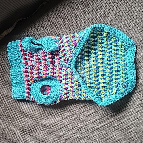 HANDMADE Homemade Small Dog Coat Sweater Crochet Moss Stitch Teal new - Picture 2 of 9